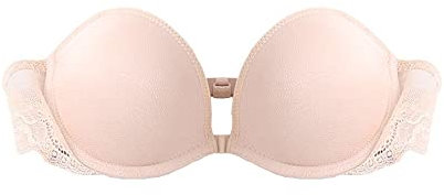 TOFBS Damen Trägerloser BH Bügel Bandeau BH mit Vorderer Schnalle Spitze Rückenfrei BH Push Up Rutschfester Unsichtbarer BH Gepolstert Nahtloser Bralette (Beige,S)