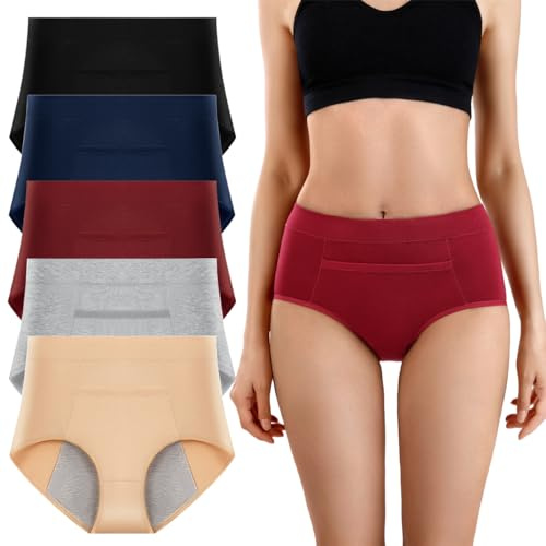 Yintry Bragas menstruales de algodón con Bolsillo para Mujer, Calzoncillos a Prueba de Fugas, Paquete de 5 Calzoncillos de Cintura Media