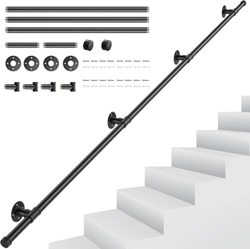 Handrails for Stairs, Sunowl Stair Handrail for Indoor Outdoor, Safety Wall Mounted Hand Rails Non-Slip Industrial Wrought Iron Banister Handrail for Elderly Kids Disabled, 2.5M