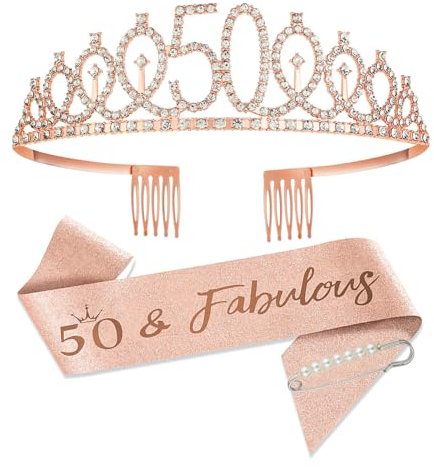 SCBOY 50 Ans Décorations Anniversaire Femmes 50 Ans Femme Couronne Anniversaire Pour Les Décorations De Fête D'anniversaire Comprend Rose Or Couronne Et écharpe