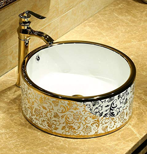 DDNGEJ Waschbecken, Aufsatzwaschbecken, goldenes Muster, Retro-Kunstwaschbecken, Keramik, Aufsatzwaschbecken, rundes Keramikwaschbecken, Badezimmer