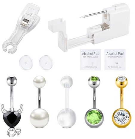 VFUN 10 st navelpiercingkit i rostfritt stål 14 g 13 g öronhål självstickset, piercingpistol självmagpiercing, kroppssmycke för kvinnor och män