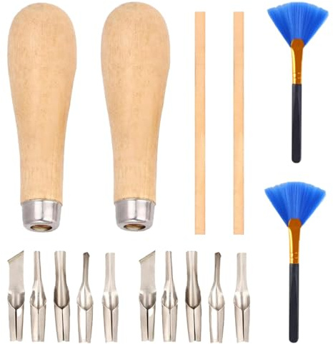 Lcyen Lino Cutting Tools Kit with Wooden Handle Awl - Wood Engraving Craft Kit with 10 Blades and Brushs, for Printmaking Engraving, Clay Sculpture, Handicrafts Engraving, Lino Printing