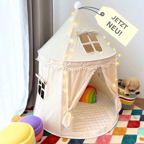 ALRITHO® Spielzelt für Kinder (warmbeige), aus Baumwolle & Seide | 1 Eingang & 3 Fenster (TripleAir-Effect) | inkl. Tasche & Bodenmatte | stabiles Spielhaus Indoor | Tipi Zelt für Jungen & Mädchen
