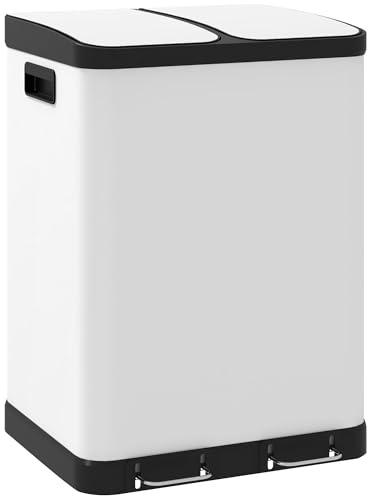 HOMCOM - Cubo de Basura de Cocina (2 x 30 L, Acero Inoxidable, con 2 Compartimentos, Tapa de Cierre Suave, Cubos Interiores extraíbles, para Reciclaje y residuos, Color Blanco