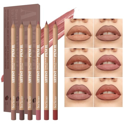 Beauty Glazed 6pcs Nude Brown Lip Liner Makeup Set - Waterproof & Smudge-Proof Matte Pencil, Long-Lasting & Durable, Smooth & Easy Glide, Non-Smudge, Contouring, Filling & Layering (NUDE-PINK Set)