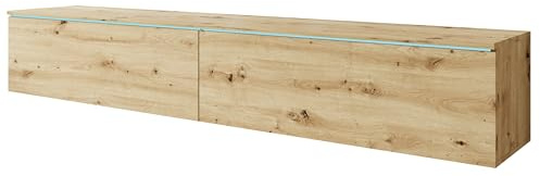 MINIO go for it - Meuble TV Donna Largeur 180 cm Lowboard avec LED | Debout ou suspendu, meuble TV pour le salon, panneau stratifié, couleur : chêne artisan