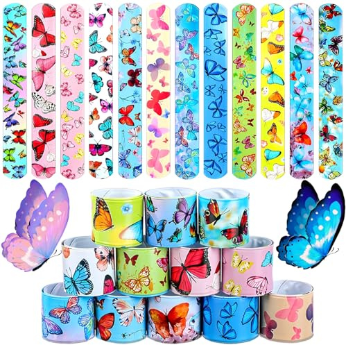 Viicoor Pulseras chasqueantes para niños, 24 unidades, estilo mariposa, bandas a presión, rellenos para bolsas de fiesta, detalles de primavera (Mariposa-24P)
