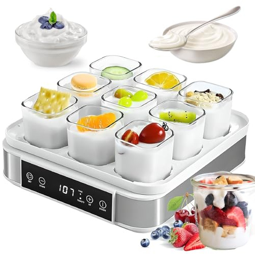 Yaourtière, petite machine à yaourt de fermentation avec température 25~65 ℃ et minuterie 0~99,59 h, yaourtière numérique automatique avec 9 verres, pour yaourt biologique maison, fromagerie