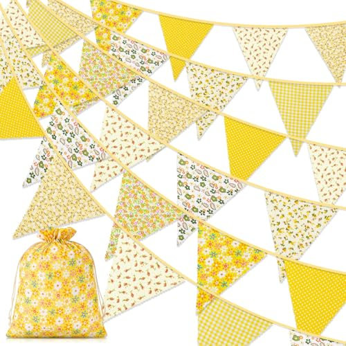 Alintor Floral Bunting, 45 Flags 39.4ft Fabric Bunting, Ve Day Bunting, Bunting Outdoor Waterproof, Vintage Bunting for Afternoon Tea Garden Party Birthday Festival Spring Easter Decorations (Yellow)