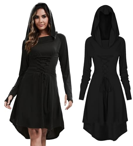 LLTTEER Abito Medievale Gotico Donna,Costume rinascimentale da donna con cappuccio,Vestiti Medievali Abito Steampunk per Halloween Carnevale Cosplay (Nero, S)