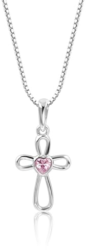 Cherished Moments Children's 925 Sterling Silver Cross Necklace with Pink CZ Heart for Baptism, First Communion and Confirmation Gift for Girls