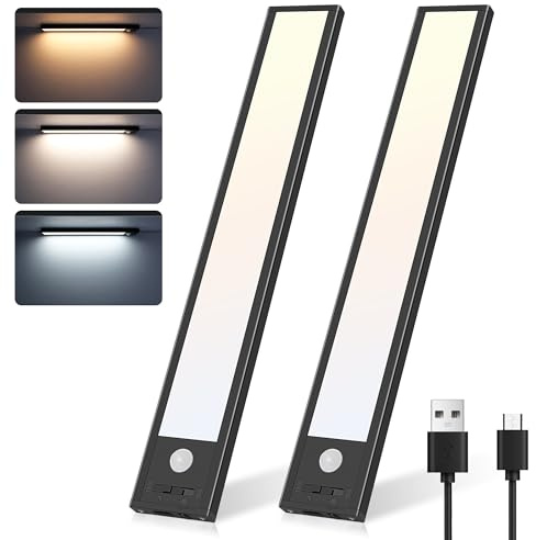 Befurglor Under Cabinet Kitchen Lights, 3 Color Dimmable Motion Sensor Lights 26cm, 2000mAh Rechargeable LED Magnetic Stick on Strip Lights for Closet, Cupboard, Wardrobe, Stair (2 Pack, Black)
