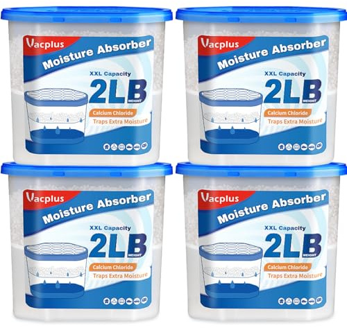Vacplus Moisture Absorber Buckets – Large Capacity Dehumidifier and Humidity Absorber for Closet, Basement, Bathroom, RV, and Storage Areas, Unscented, 2 lbs, 4 Pack