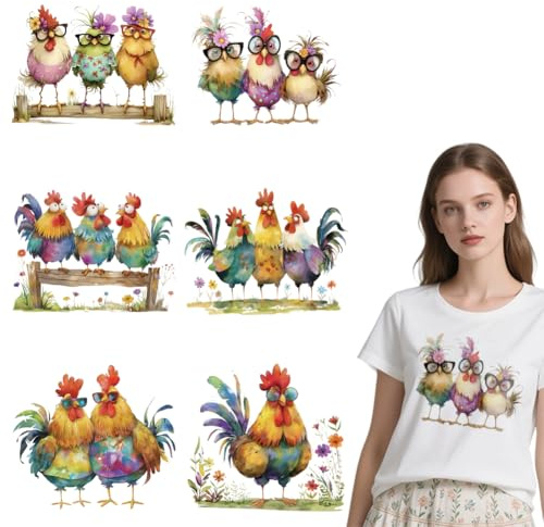 arricraft 6 Blatt Lustige Hahn Sticker Zum Aufbügeln Wärmeübertragungsaufkleber Mit Blumen Und Hühnern Zum Selbermachen Für T Shirts Jeans Rucksäcke Familien Kleidung Hüte Dekoration Applikation