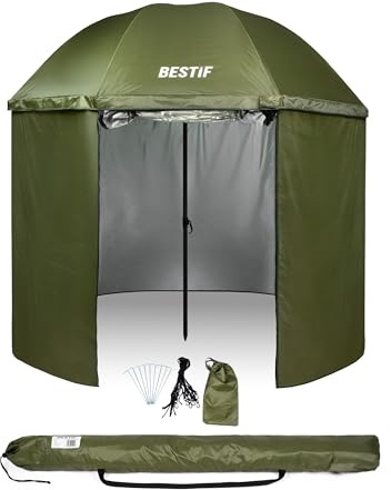 BESTIF Angelschirm 205 cm wasserdicht mit Seitenwand, Angelzelt mit Reißverschluss & Fenster, höhenverstellbarer Angel Parasol 140–225 cm, kippbarer Schirmzelt für Angeln, Camping, Sonne, Regen & Wind