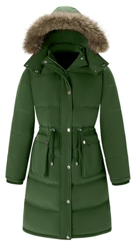 Garemcy Women's Winter Coat Water Repellent Long Puffer Jacket Warm Parka with Detachable Fur-trim Hood Green Large