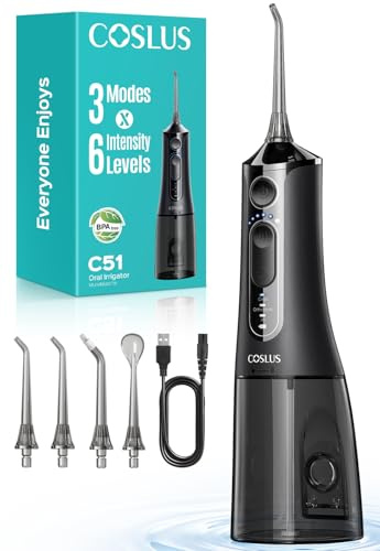 COSLUS Portable Water Flosser for Teeth: 3 Modes & 18 Pressure Settings with Jet Mode Water Dental Pick for Orthodontic, Braces, Sensitive Gums, Compact for Travel, 300ML for Multiple Users, Black C51