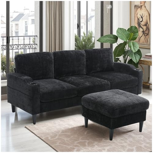 Wyibwy Sofá moderno de 4 plazas, sofá modular con reposapiés y compartimento portaobjetos, sofá esquinero con reposabrazos, portavasos, bolsillos laterales y sólida base de plástico, terciopelo (negro