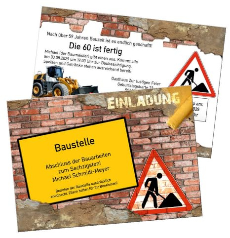 Einladungskarte zum Geburtstag, lustig, jedes Alter möglich30 40 50 60 | Baustellenkarte, digitale Dateien (JPG) oder in gedruckter Form auf stabilen Feinstkarton, 1 - 100 Karten