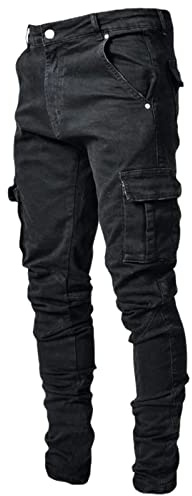 Generisch Cargo Jeanshose Herren Stretch, Cargohose Herren Jeans, Denimhose Vielen Taschen Stretchjeans Slim Fit Bikerjeans Einfarbig Freizeithose Washed Arbeitshosen College Lässig Stoffhose