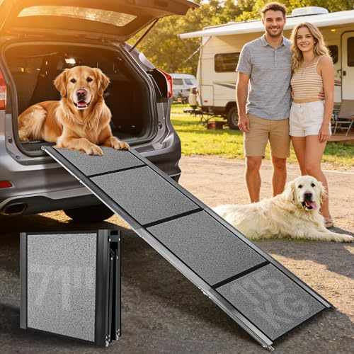 180cm Hunderampe für Auto und SUV Klappbar 51cm Extra Breit Einstiegshilfe für Große Hunde bis 115kg Aluminium Kofferraumrampe mit Rutschfestem Teppich Gelenkschonend für Hohe Autos Schwarz