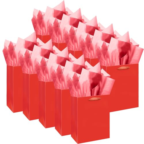 Gcardist 10 Stück rote Mini-Geschenktüten mit Griffen aus Seidenpapier,6,3 x 4,7 x 2,4, kleine Geschenktüten für Partys (10 Stück, 20 Stück Seidenpapier)