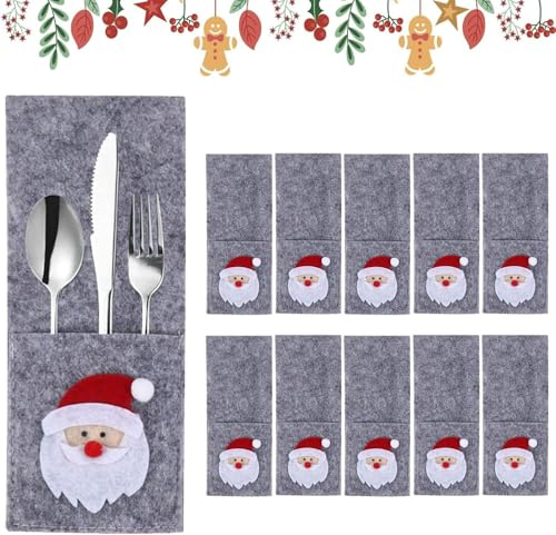 Taechalingo 10 Stück Besteckhalter Weihnachten,Tischdeko Weihnachten,Bestecktasche Weihnachten,Weihnachten Tischdeko Bestecktasche,Weihnachtsbaum Besteckhalter,Weihnachtsmann Kostüm Besteckbeutel