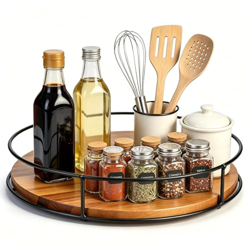 9 Lazy Susan Turntable, Lazy Susan Cupboard Organiser Wooden Condiment Holder Round Kitchen Cupboard Rotating Tray for Dressers Kitchen Home Decor Organization and Storage