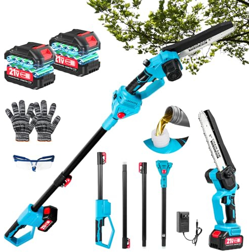 2-in-1 Akku Hochentaster Und 8-Zoll Mini-Kettensäge, BüRstenloser Motor, Teleskop Kettensäge mit 2 x 3000 mAh Batterien, VerläNgerungsstange Bis 4.2m, für Baum Trimmen Ast Schneiden Gartengerät