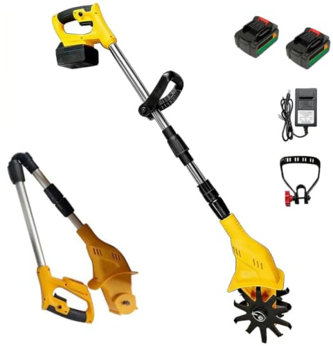 Rototiller Eléctrico Inalámbrico, Cultivador de Mano Plegable con Ancho de Labranza de 10 Cm y Profundidad de 25 Cm, con 2 Baterías, para Jardinería y Césped