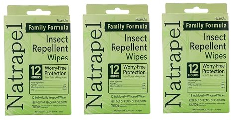 Natrapel Tick & Insect Repellent Wipes - Bug Spray with 20% Picaridin - Family Protection Against Mosquitoes, Ticks & More - Up to 12 Hours of Protection - 12 Wipes (3 Pack)