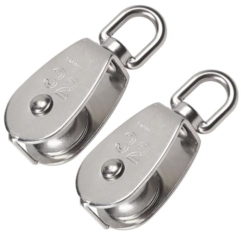 BuxiuGK 2 Piece 32 mm Single Pulley Block Heavy Duty Pulley Roller in 304 Stainless Steel Suitable for Rope or Cord in Indoor and Outdoor Loading 250kg- Silver