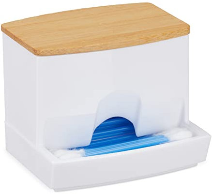 Relaxdays Cotton Swab Storage Box, Acrylic Lidded Organiser, Stick Bathroom Dispenser, Size M, White/Brown
