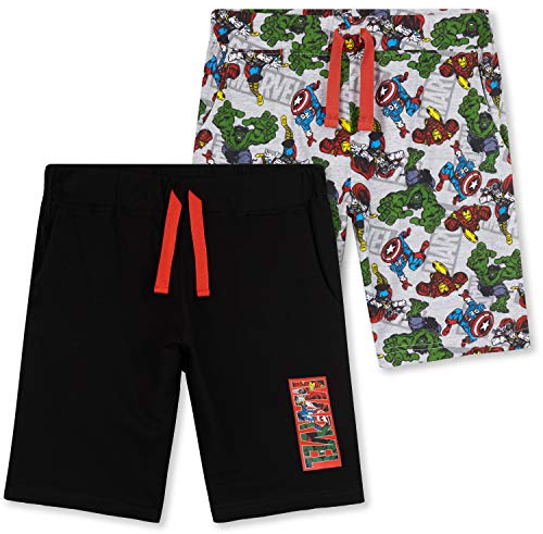 Marvel Avengers Short Garçon 3 Ans à 14 Ans, Lot de 2 Bermuda Short en Coton Ceinture Elastique avec Poches, Ete Cadeau Garcon (Noir/Multi, 9-10 Ans)