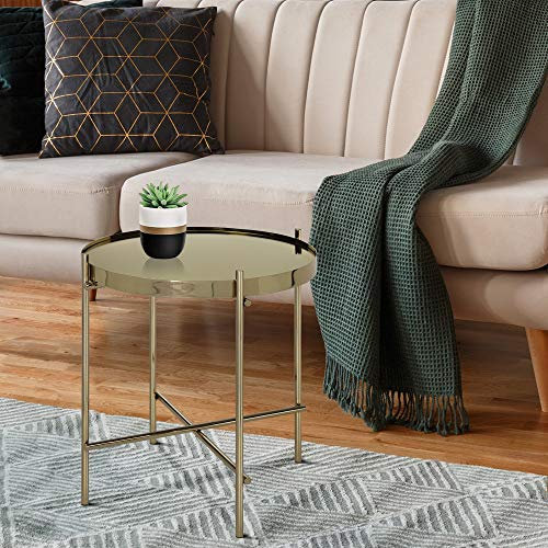 WOMO-DESIGN Beistelltisch Ø43x45 cm Unikat Altmessing aus Metall und Glas, Design Wohnzimmertisch mit Glasplatte und Metallgestell, Runder Couchtisch, Moderner Glastisch, Edler Sofatisch, Lounge Tisch