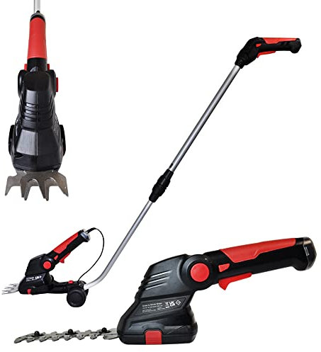 RocwooD 2 in 1 Garden Lawn Electric Cordless Handheld Grass Shears and Hedge Trimmer With Handle Clipper Shrub Lightweight 3.6V Battery and Charger Included Black Red