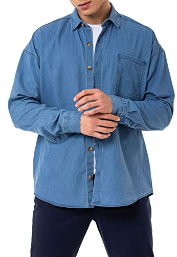 Red Bridge Herrskjorta, jeansskjorta, premium-denim, överdimensionerad, bred skärning, Ljusblå, M