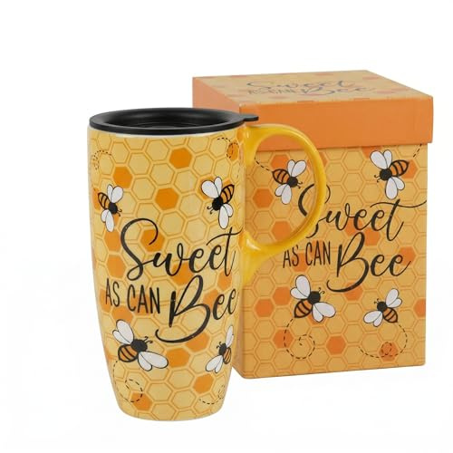 DUSVALLY 17oz Ceramic Travel Coffee Mug with Lid, Bee & Honeycomb Print Sweet As Can Bee, Microwave & Dishwasher Safe, Gift-Ready