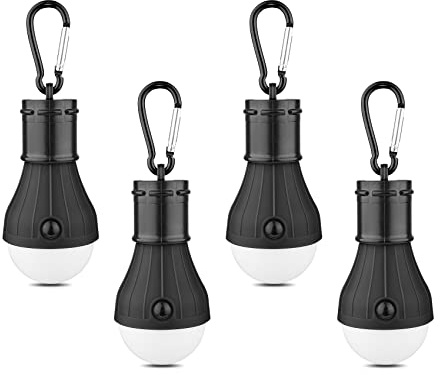 LED Camping Tent Lantern, Portable Outdoor Waterproof Emergency Light Bulb, Battery Powered with Clip Hook, Super Bright, for Hiking, Party，Camping, Fishing, Power Failure (4 Packs, Black )