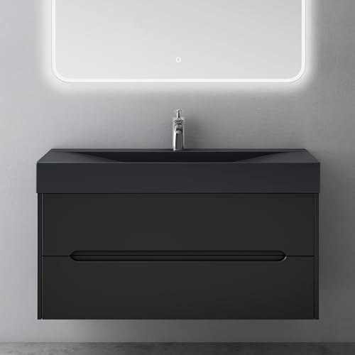 Mai & Mai Badmöbel-Set Waschtisch mit Unterschrank 100cm | Badezimmermöbel mit Softclose Schubladen in Matt Schwarz inkl. Mineralguss Waschbecken Yoga