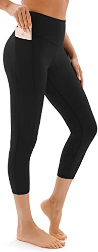 JOYSPELS Women's Gym Capri Leggings with Pockets - High Waisted Tummy Control Cropped Yoga Pants for Workout, Running, Daily Leisure Black S