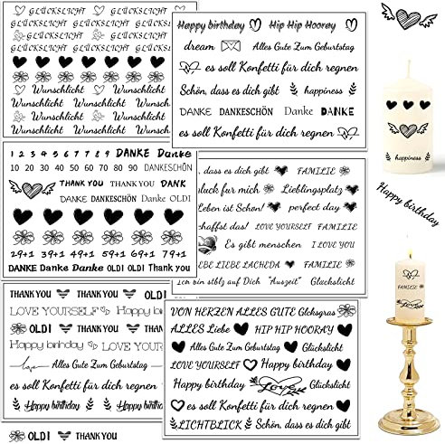 6 PCS Kerzen Tattoofolie, Kerzensticker Kerzenfolie Kerzensprüche Kerzentattoo Sprüche zum Verschenken Kerzen Dekorieren Glückslicht Wunschlicht Kerzenfolie Kerzensprüche