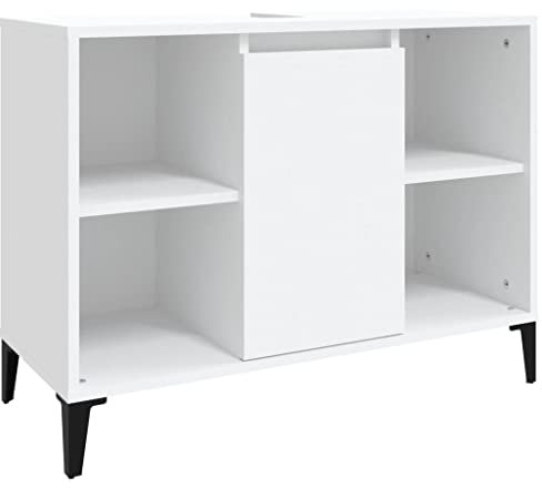 vidaXL Meuble d'Évier, Armoire de Lavabo avec 5 Compartiments et Porte, Meuble sous Lavabo avec Pieds Salle de Bain, Industriel, Blanc Bois d'Ingénierie