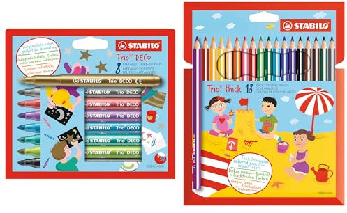 Metallic-Filzstift mit robuster XL-Spitze - STABILO Trio DECO - 8er Pack + Dreikant-Buntstift - STABILO Trio dick - 18er Pack