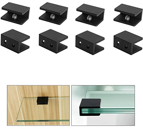 AWEN 8Pcs Square Adjustable Frameless Glass Shelf Bracket Holder, Black Heavy Duty Glass Clamp Clip Support with Screws for Wall Mounted 0.32(8mm)-0.39(10mm)