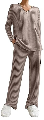 Kswlwccpp Strick Set Damen Warm Kuschelig Zweiteiler Winter Lounge Set Strickset Weites Bein Elegant Langarm Outdoor Jogginganzug Strick Set Strick Herbst Strickanzug Hausanzug