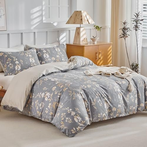 Tokokimo Duvet Cover Set - Bedding Sets Double Reversible, Gold Floral Microfiber Duvet Cover with Pillow Cases, Gifts for Mom Dad Bedroom Decor (Flowers, Grey, Double 200x200 cm)