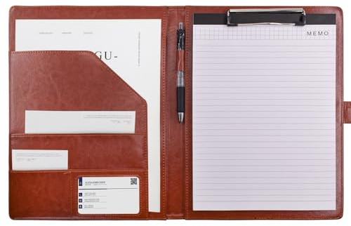 VANRA Carpeta portapapeles de piel, organizador de entrevistas, carpeta para currículum vitae para papeles, documentos legales, tamaño A4, bloc de escritura, bloc de notas, tableros de clip con