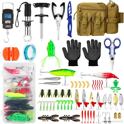 AOFUXTI Fishing Tool Kit - Fishing Pliers Kit, 112Pcs Fishing Gear and Equipment, with Fish Hook Remover, Fishing Scale, Fishing Scissors, Fish Lip Gripper, Fishing Lures, for Man and Women, Blue